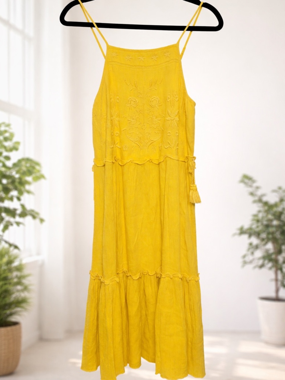 True Craft Yellow Embroidered Midi Sundress Boho | XS | GUC